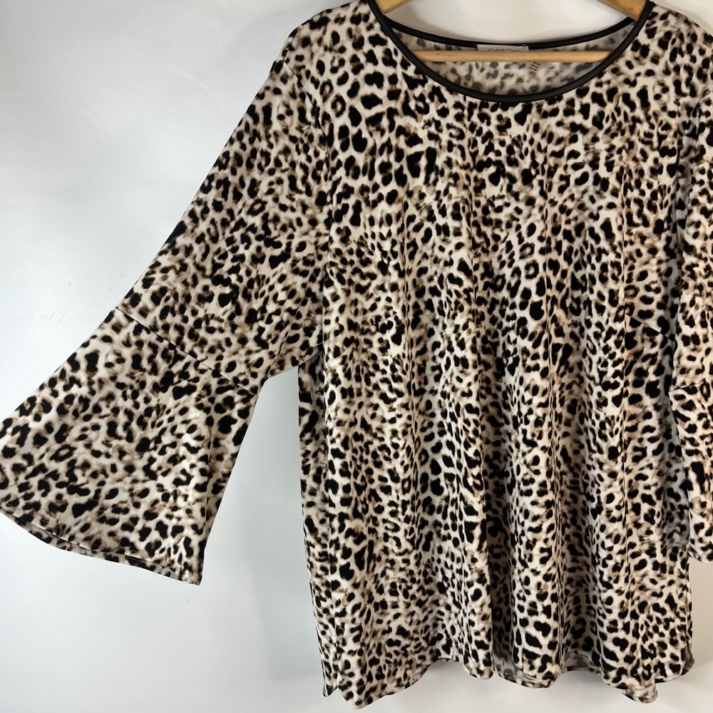 Calvin Klein Top Women 2X Brown Leopard Print Bell Sleeve Faux Leather Trim - Picture 3 of 8